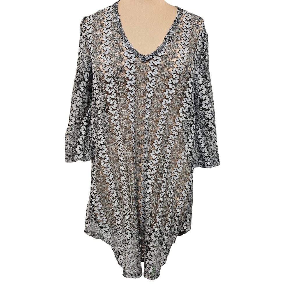 Elif for Jordan Taylor Black White Crochet Knit Swim Cover Up Tunic V-Neck